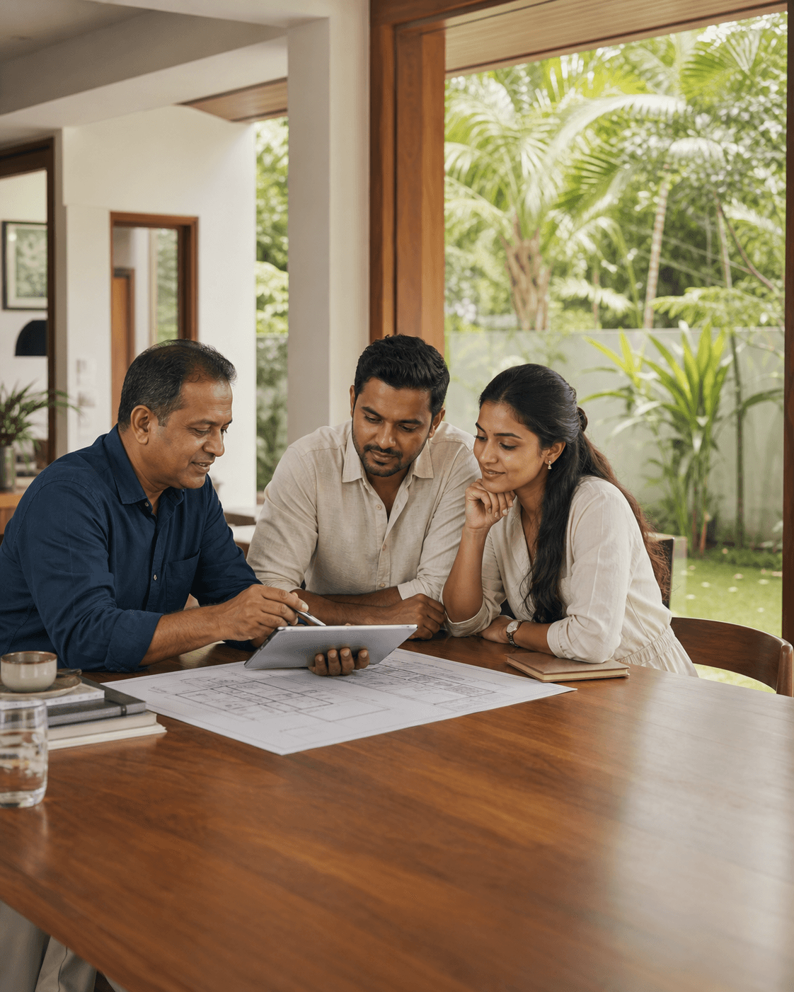 A property advisor reviewing plans with a couple at a bright Colombo home