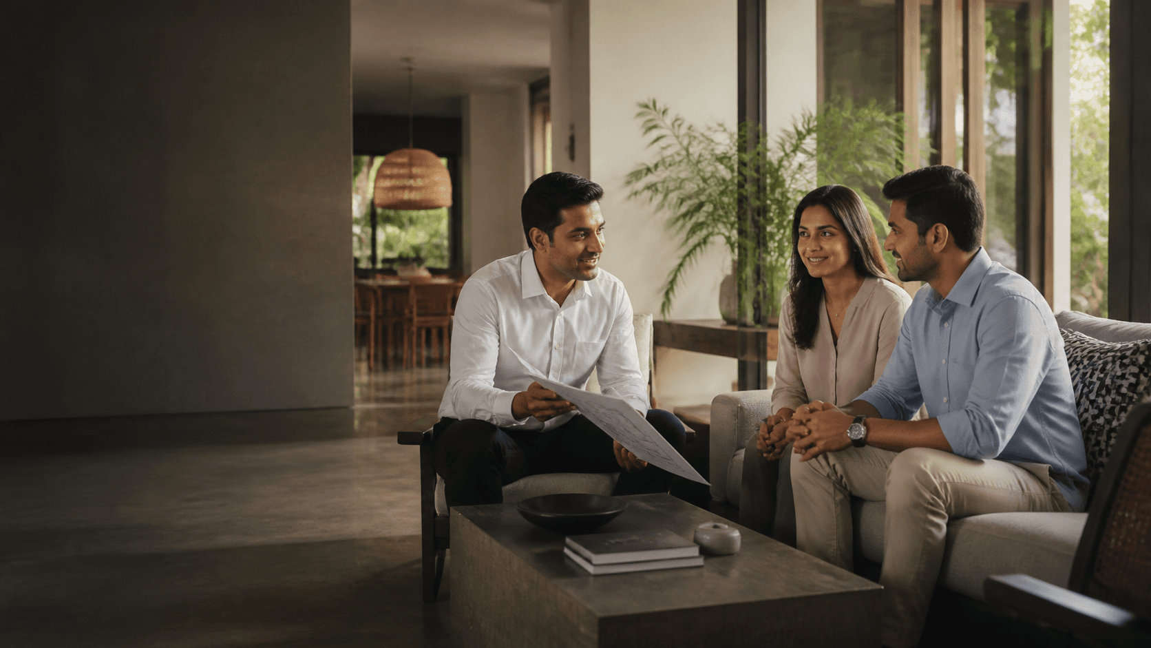 A real-estate advisor discussing plans with a couple in a contemporary Colombo home