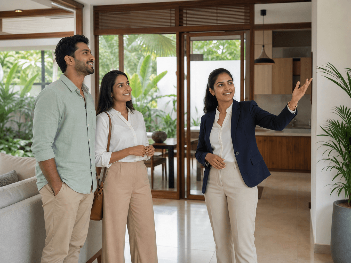 A couple viewing a modern home with a property advisor