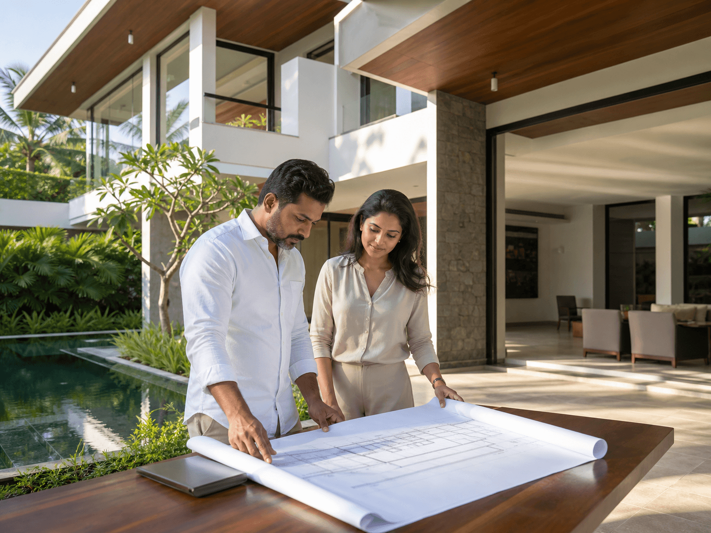 Property development professionals reviewing plans at a new home