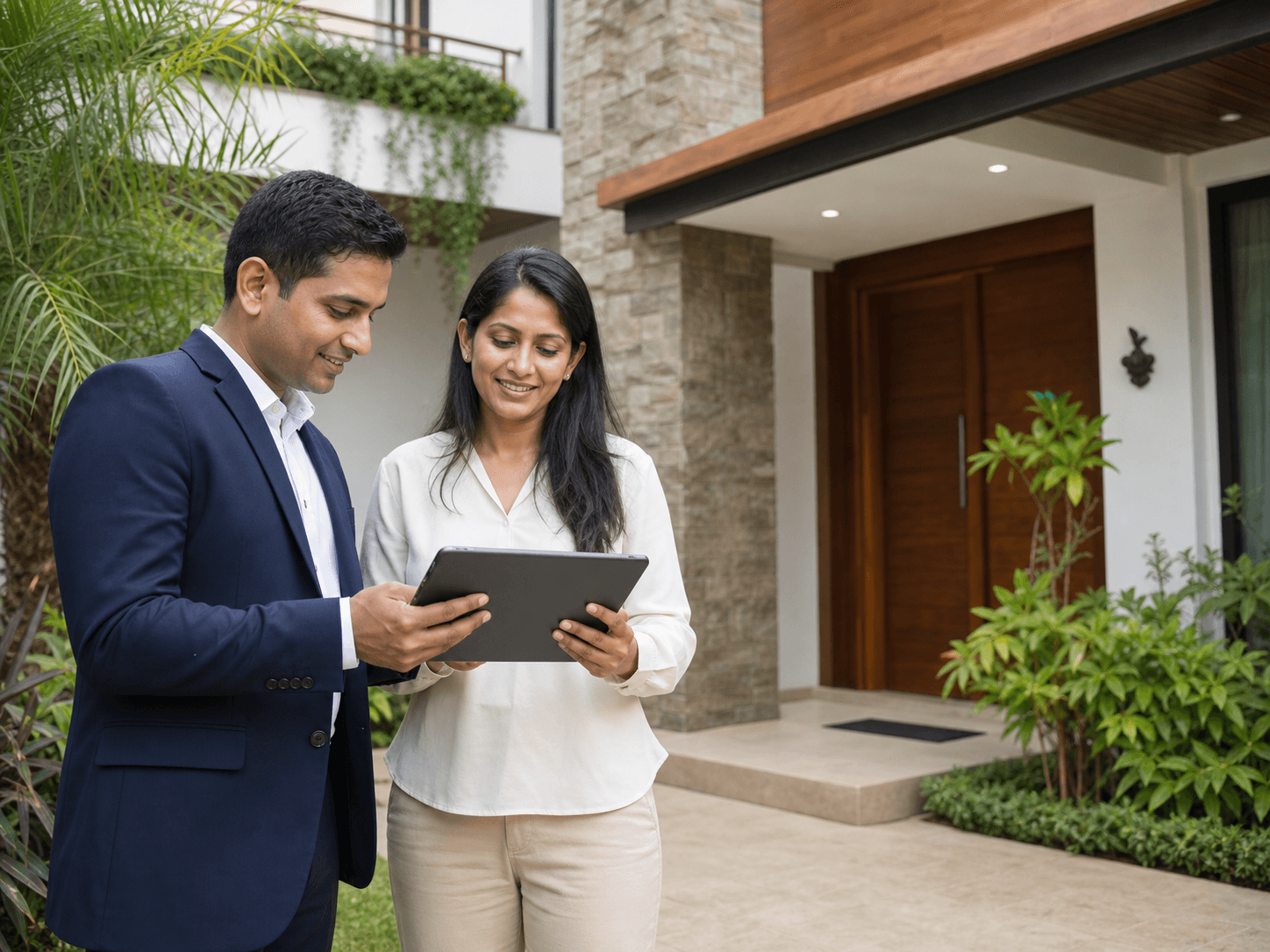A homeowner and real-estate advisor reviewing a property listing outside a modern home