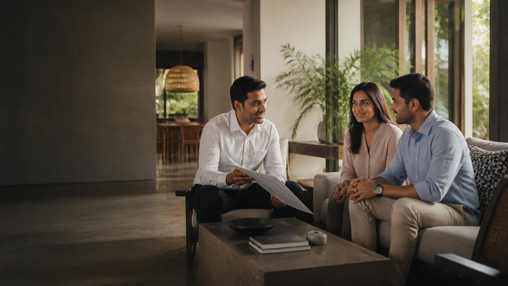 A real-estate advisor discussing plans with a couple in a contemporary Colombo home
