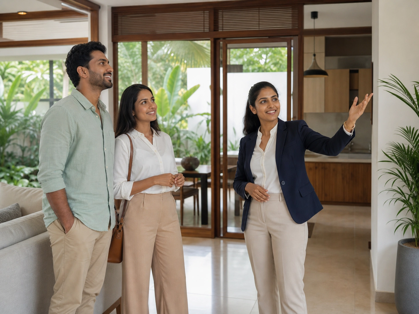 A couple viewing a modern home with a property advisor